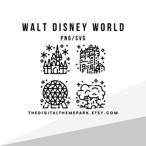 Disneyland Florida lijntekeningen themaparken pictogram voor Cricut SVG-bundel 4 bestanden