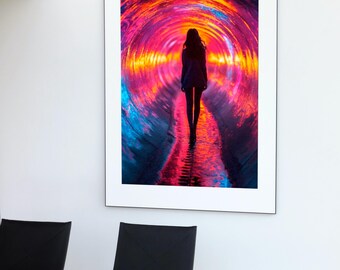 Colorful Tunnel Woman Art Print, AI Generated Wall Decor (Digital Download)
