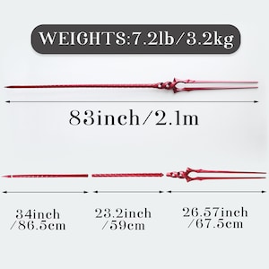 May include: A red metal spear with a twisted design, measuring 83 inches or 2.1 meters in length. The spear is made up of three sections, measuring 34 inches, 23.2 inches, and 26.57 inches. The spear weighs 7.2 pounds or 3.2 kilograms.