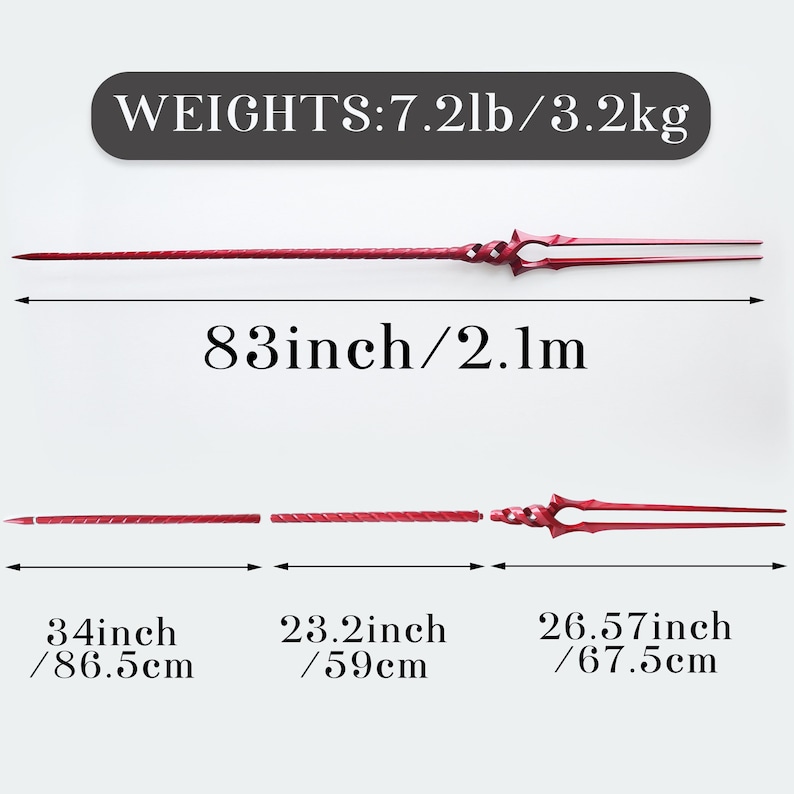 May include: A red metal spear with a twisted design, measuring 83 inches or 2.1 meters in length. The spear is made up of three sections, measuring 34 inches, 23.2 inches, and 26.57 inches. The spear weighs 7.2 pounds or 3.2 kilograms.