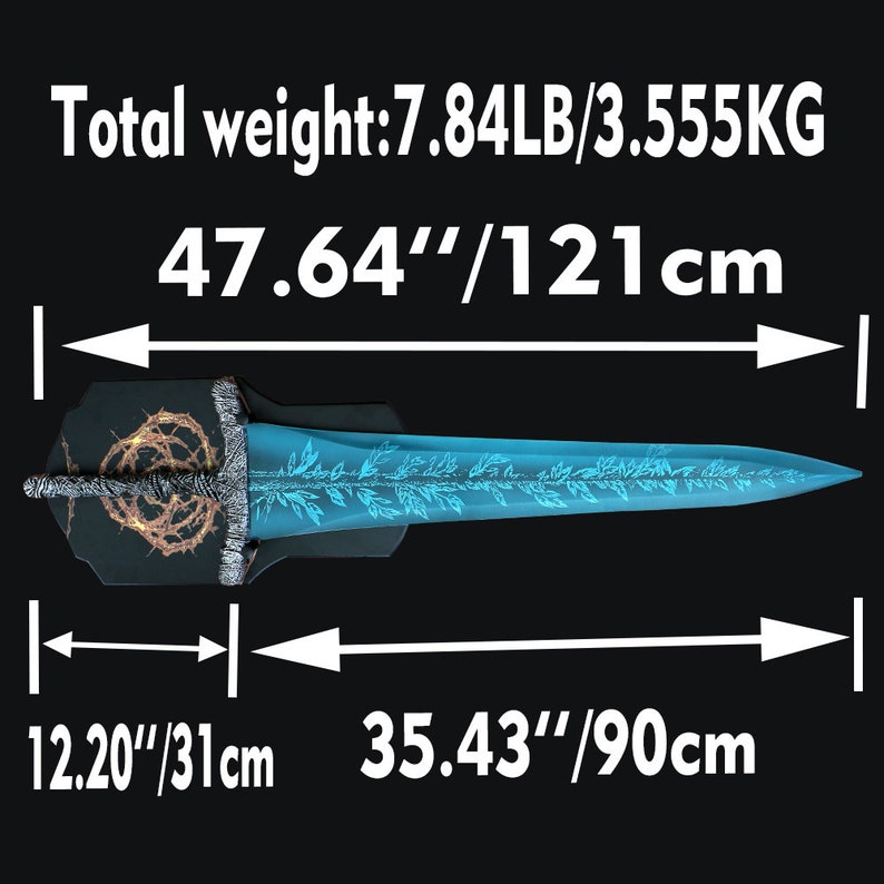 Op de afbeelding: Een blauw en zilveren zwaard met een decoratief handvat en een bloemenmotief op het blad. Het zwaard is 121 cm lang en 31 cm breed. Het weegt 3,555 kg.