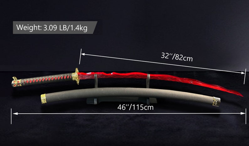 Op de afbeelding: Een rood en zwart katana zwaard met een gouden handvat en een zwarte schede. Het zwaard is 82 cm lang en de schede is 115 cm lang. Het zwaard weegt 1,4 kg.