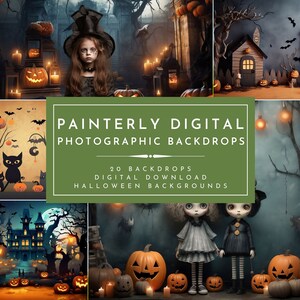 Może przedstawiać: Cyfrowy plik do pobrania z 20 malarskich tłem Halloween. Tła przedstawiają straszne sceny z dyniami, nawiedzonymi domami i drzewami. Tekst "Painterly Digital Photographic Backdrops" i "20 Backdrops Digital Download Halloween Backgrounds" jest wyświetlany na zielonym banerze.
