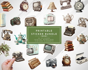 25 Vintage Elements Stickers, Sketched Clipart (Digital Download)