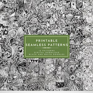 May include: A collection of black and white seamless patterns with intricate doodle designs. The image features a variety of complex, repeating patterns, perfect for digital download. The patterns are displayed in a grid, with a green rectangle containing the text "Printable Seamless Patterns".