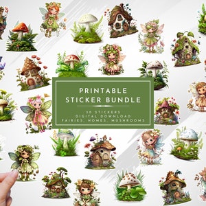 30x Cute fairies, fairy houses and mushroom stickers, printable teacher resources, planner stickers, fairy element clipart stickers