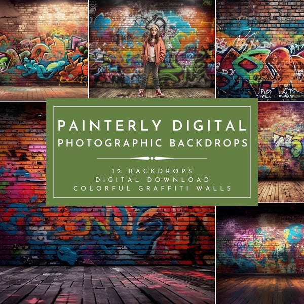 12x Graffiti walls portrait studio digital photography backgrounds, grunge backdrop overlays, digital backdrop, 12 digital backdrops