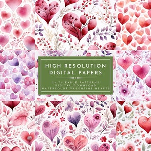May include: A set of 25 digital paper patterns featuring watercolor hearts and floral designs. The patterns are perfect for creating invitations, cards, scrapbook pages, and other craft projects.