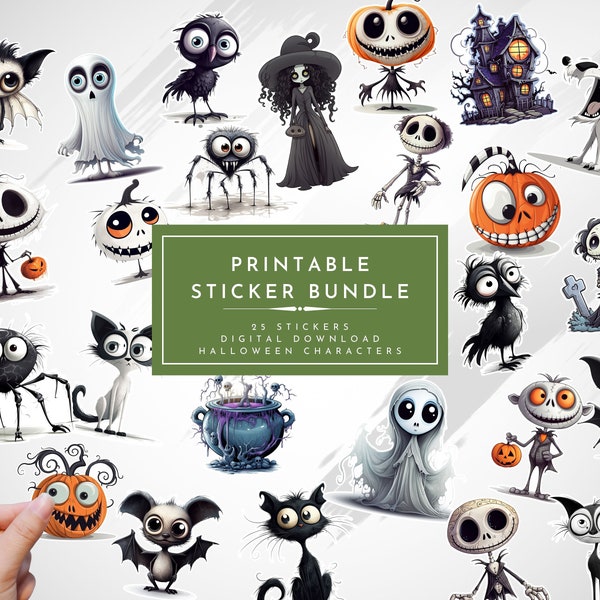 25x Nightmare Halloween Tim Burton style clipart, digital download stickers, printable clipart, planner stickers