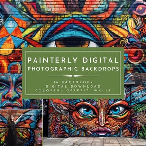 Puede incluir: Una descarga digital de 16 fondos de pantalla de muros de graffiti coloridos. Los fondos de pantalla son perfectos para agregar un toque vibrante y urbano a tus fotos y diseños. "Painterly Digital Photographic Backdrops" está escrito en un rectángulo verde en la parte superior de la imagen.