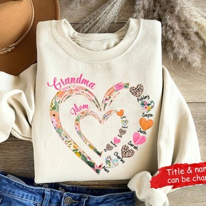 Personalized Grandma Heart Sweatshirt, Grandma Shirt, First Mom Now Grandma Shirt, Personalized Mom-Grandma With Kids And Grandkids Names