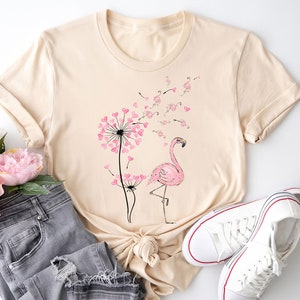 Flower Dandelion Pink Flamingo T-Shirt, Flamingo Lover Shirt, Pink Flamingo T shirt, Flamingo Lover Gift