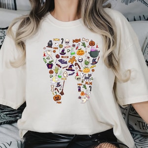 Glückliches Halloween Denim T-Shirt, niedliches Zahn-Halloween-Shirt, Mundhygieniker-T-Shirt Zahnarzt-Crew-Kader-T-Stück Geschenk