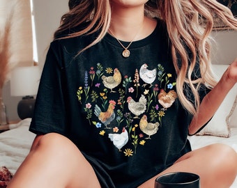 Wildblumen Huhn T-Shirt, Damen Cottagecore Farm Tee