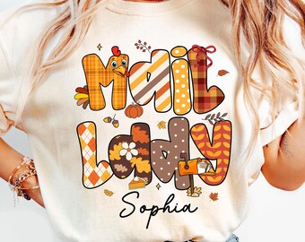 Mail Lady Thanksgiving Cotton Shirt, Custom Name, Postal Life Fall Shirt