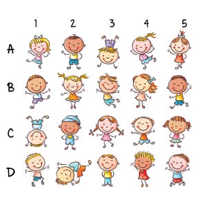 May include: A grid of 20 colorful cartoon illustrations of children in various poses. The children are all smiling and have different hair colors, clothing, and accessories. The grid is labeled with letters A through D and numbers 1 through 5.