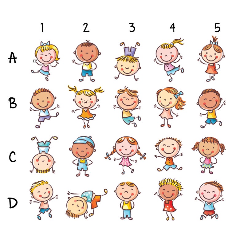May include: A grid of 20 colorful cartoon illustrations of children in various poses. The children are all smiling and have different hair colors, clothing, and accessories. The grid is labeled with letters A through D and numbers 1 through 5.
