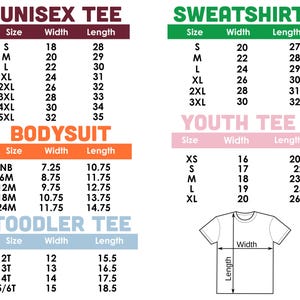 Puede incluir: Tablas de tallas para varias prendas, incluyendo camisetas unisex, sudaderas, bodies, camisetas juveniles y camisetas para ni&ntilde;os peque&ntilde;os. Las medidas se dan en cm, de XS a 5XL.