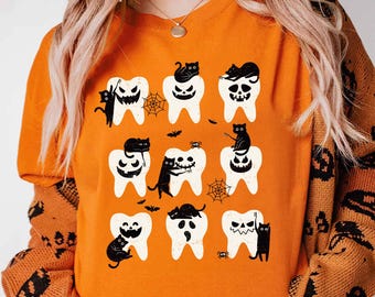Camiseta de dentista espeluznante de Halloween con cuello redondo de gatos y dientes