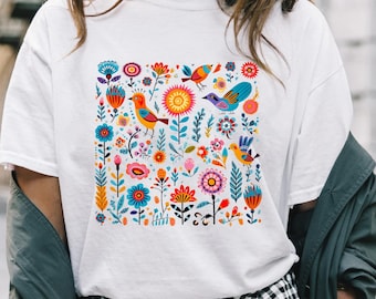 Floral Bird Cotton T-Shirt, Mexican Folk Art