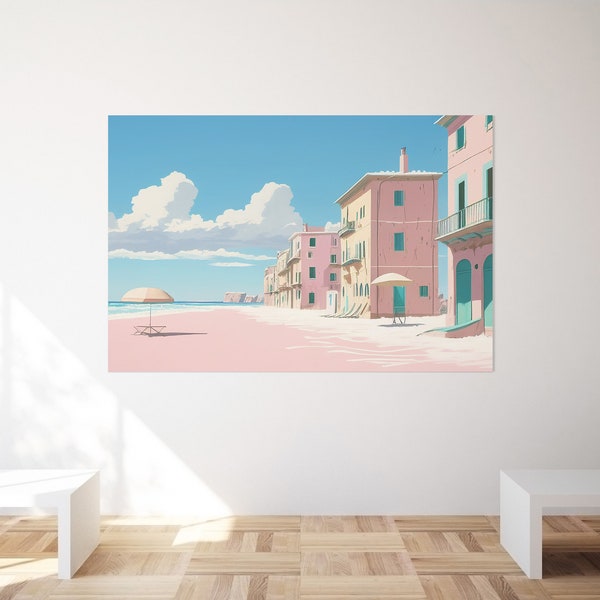 Printable Pastel Beach Oil Painting, Pastel Paradise Digital Art, Digital Download of Horizontal Wall Art