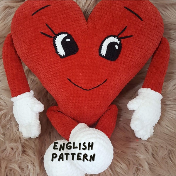 Mother's Day Gift Heart Pillow Pattern, Crochet Velvet Hugging Heart Pillow Pattern, Amigurumi Plush Heart Pillow With Hands, Eyes  Legs