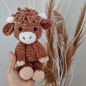 Può includere: Un peluche di mucca all'uncinetto marrone fatto a mano con dettagli bianchi sul viso e sulle corna. Il giocattolo ha occhi neri ed è tenuto in una mano. La mucca è fatta di filato morbido e strutturato. Lo sfondo include erba ornamentale secca.