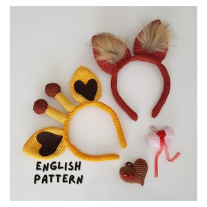 May include: Crocheted headbands and heart-shaped ornaments. The headbands include a yellow giraffe design and a red fox ear design with faux fur. Two crocheted hearts, one pink and one brown, are also shown. The text "ENGLISH PATTERN" is at the bottom.