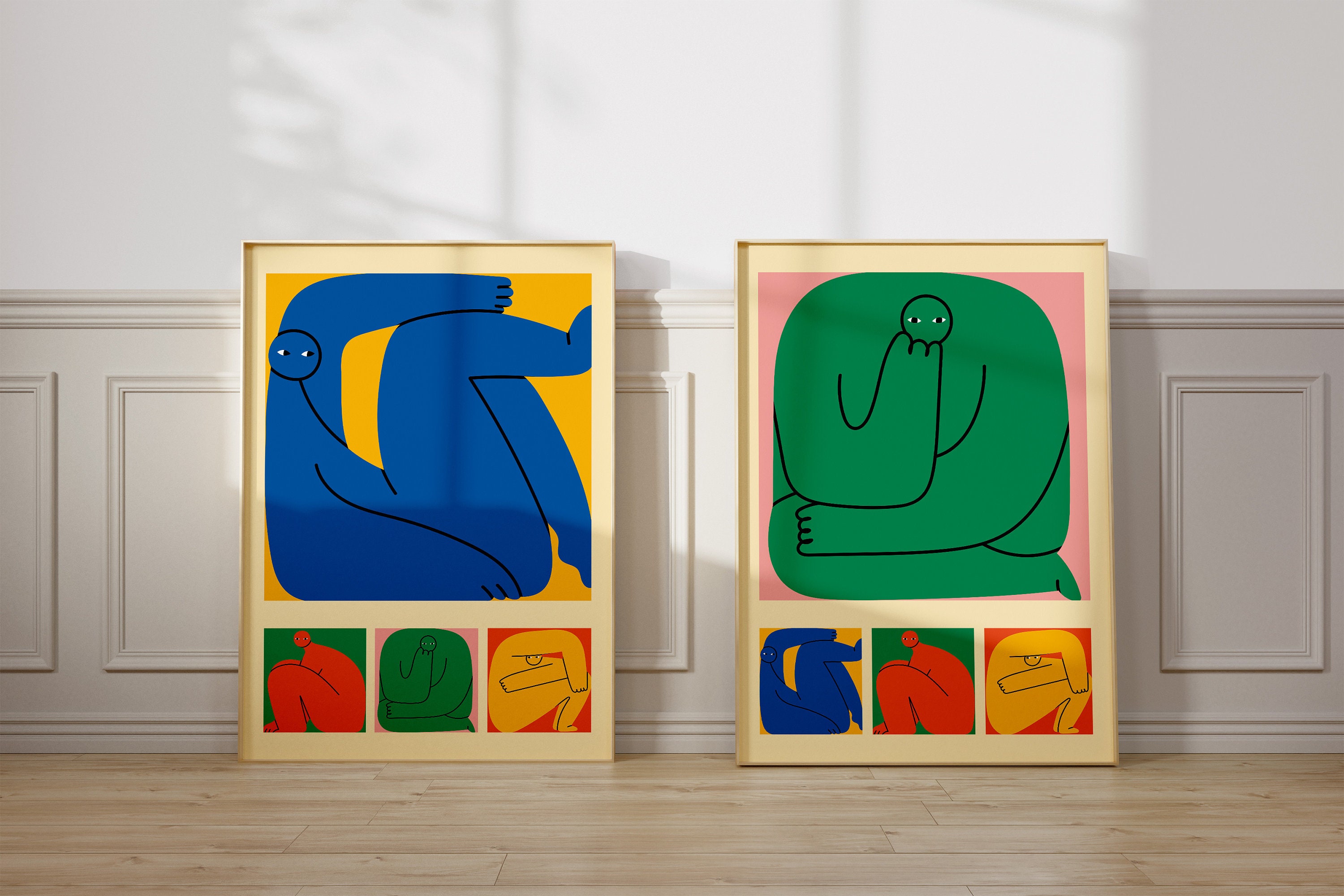 Graphic Wall Art 2 Set Bold Retro Figure Prints Matisse Style Portrait