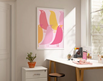 Mid Century Modern Bird Art Print: Pink & Yellow (Digital Download)