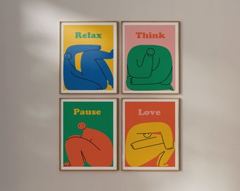 Motivational Wall Art Set Positive Affirmations Self Love Quotes Retro Graphic Matisse Style Portraits Digital Download