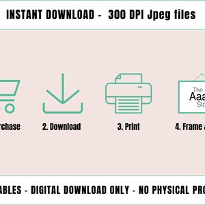 May include: A graphic illustration showing the steps to purchase, download, print, and frame a digital printable. The steps are represented by icons: a shopping cart, a download arrow, a printer, and a picture frame. The text "INSTANT DOWNLOAD - 300 DPI Jpeg files" is at the top of the image. The text "PRINTABLES - DIGITAL DOWNLOAD ONLY - NO PHYSICAL PRODUCT" is at the bottom of the image.