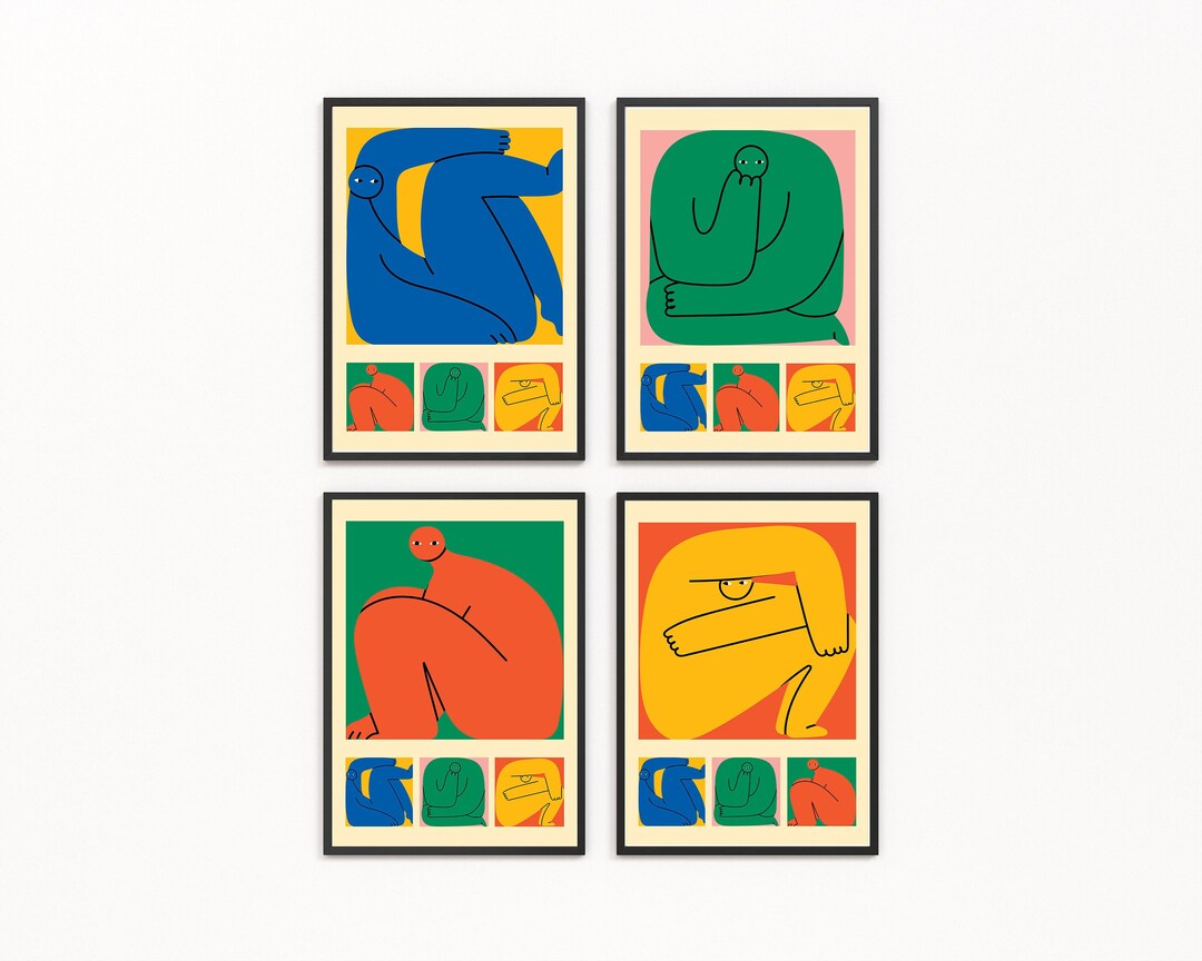 Graphic Wall Art 4set Bold Retro Figure Prints Matisse Style Portrait