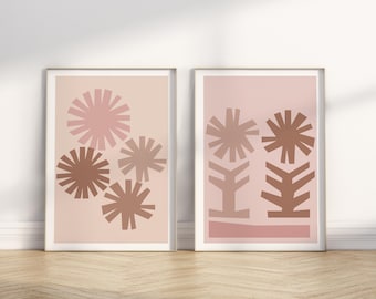 Retro Floral Print Set: Mocha Mousse Abstract Art (Digital Download)