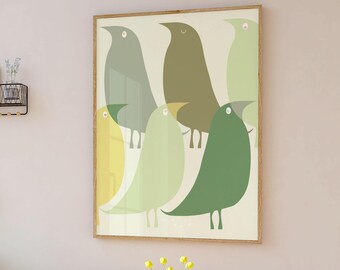 Póster abstracto de pájaro, arte retro de pájaro verde (descarga digital)
