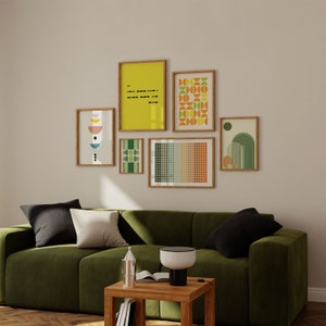 Gallery Wall 6 Set Printables Abstract retro digital download art in green orange and yellow for living room lounge bedroom or office