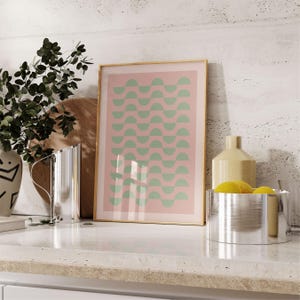 Póster Bauhaus rosa y verde imprimible, arte de pared MCM, póster abstracto con patrón semicircular, póster rosa moderno de mediados de siglo, descarga digital