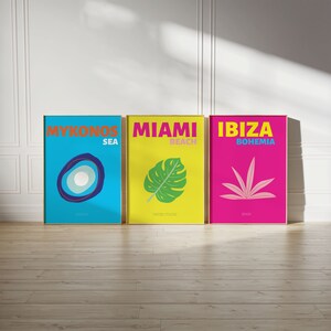 3 Set Vibrant Beach Holiday Posters. Modern Travel Printable Wall Art. Mykonos, Ibiza& Miami Prints. Digital download.