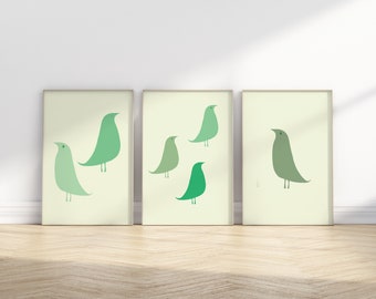 Ensemble de 3 oeuvres d'art murales à imprimé oiseau, impression géométrique animalière, vert Mid-Century, impression en téléchargement numérique