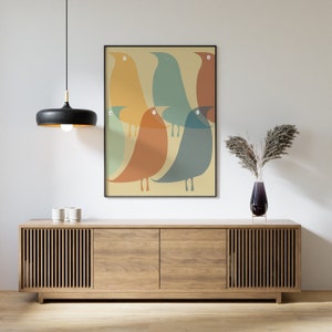 Arte de pared imprimible con diseño minimalista de pájaro moderno, descarga digital, póster gráfico geométrico llamativo, tonos neutros, arte para sala de estar, comedor y dormitorio.