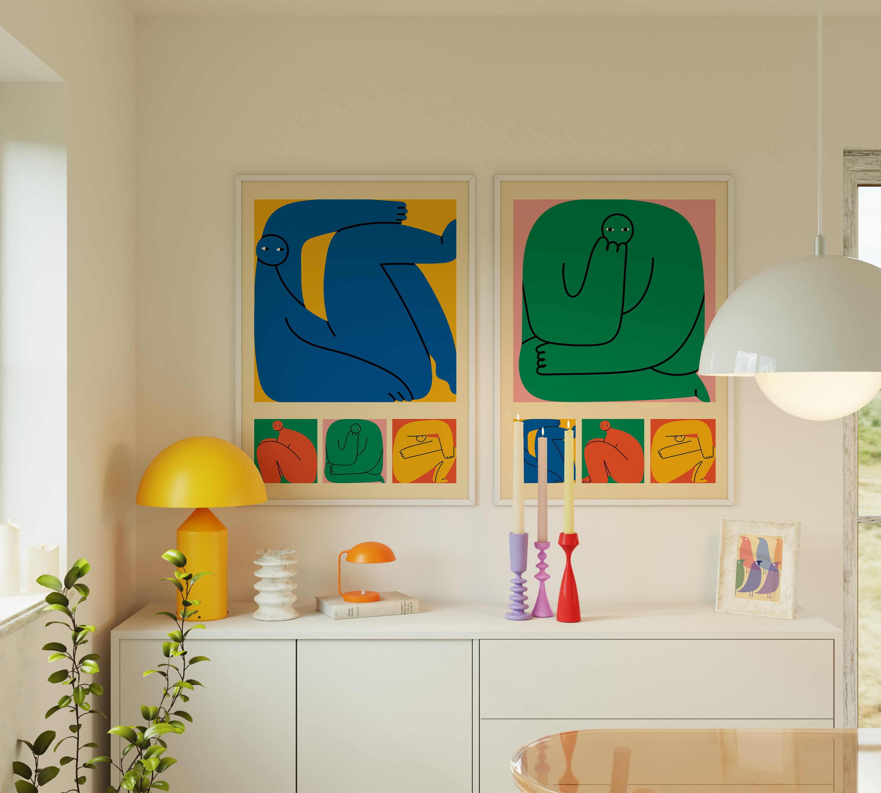 Graphic Wall Art 2 Set Bold Retro Figure Prints Matisse Style Portrait