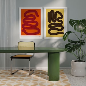 Conjunto de impresión naranja abstracta audaz de 2 carteles amarillos línea abstracta marrón arte rojo imprimible arte de pared naranja para la decoración de la sala de estar
