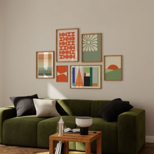 Bauhaus Gallery Wall Art: Green & Orange Abstract Prints (Digital Download)