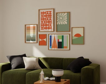 Muurkunst Bauhaus-galerij: groene en oranje abstracte prints (digitale download)