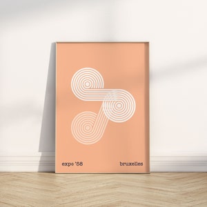 May include: A peach-colored poster with a white abstract design of overlapping circles. The text "expo '58" and "bruxelles" is at the bottom of the poster.