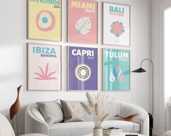 Retro strandprintset: Miami, Ibiza, Tulum - kleurrijke reisposters (digitale download)