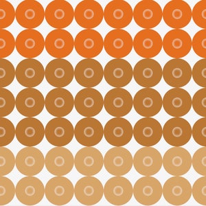 Op de afbeelding: Een patroon van oranje, bruine en beige cirkels gerangschikt in rijen. De cirkels zijn allemaal even groot en gelijkmatig verdeeld.