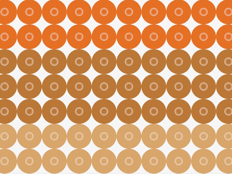 Op de afbeelding: Een patroon van oranje, bruine en beige cirkels gerangschikt in rijen. De cirkels zijn allemaal even groot en gelijkmatig verdeeld.