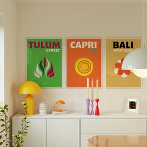 Beach Poster Set of 3 Travel Printable Wall Art Orange Print Beachy Vibes Retro Travel Poster Green Preppy Room Decor