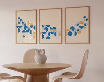 Circle Pattern Print Set of 3 Bauhaus Wall Art Blue Gold Mid Century Modern Printable Wall Decor